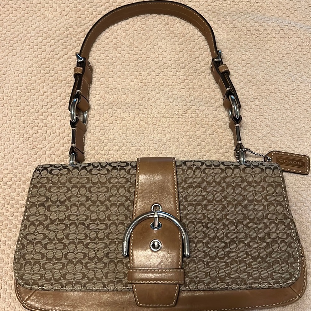 Coach-shoulder bag/clutch in signature brown pattern with silver embellishments